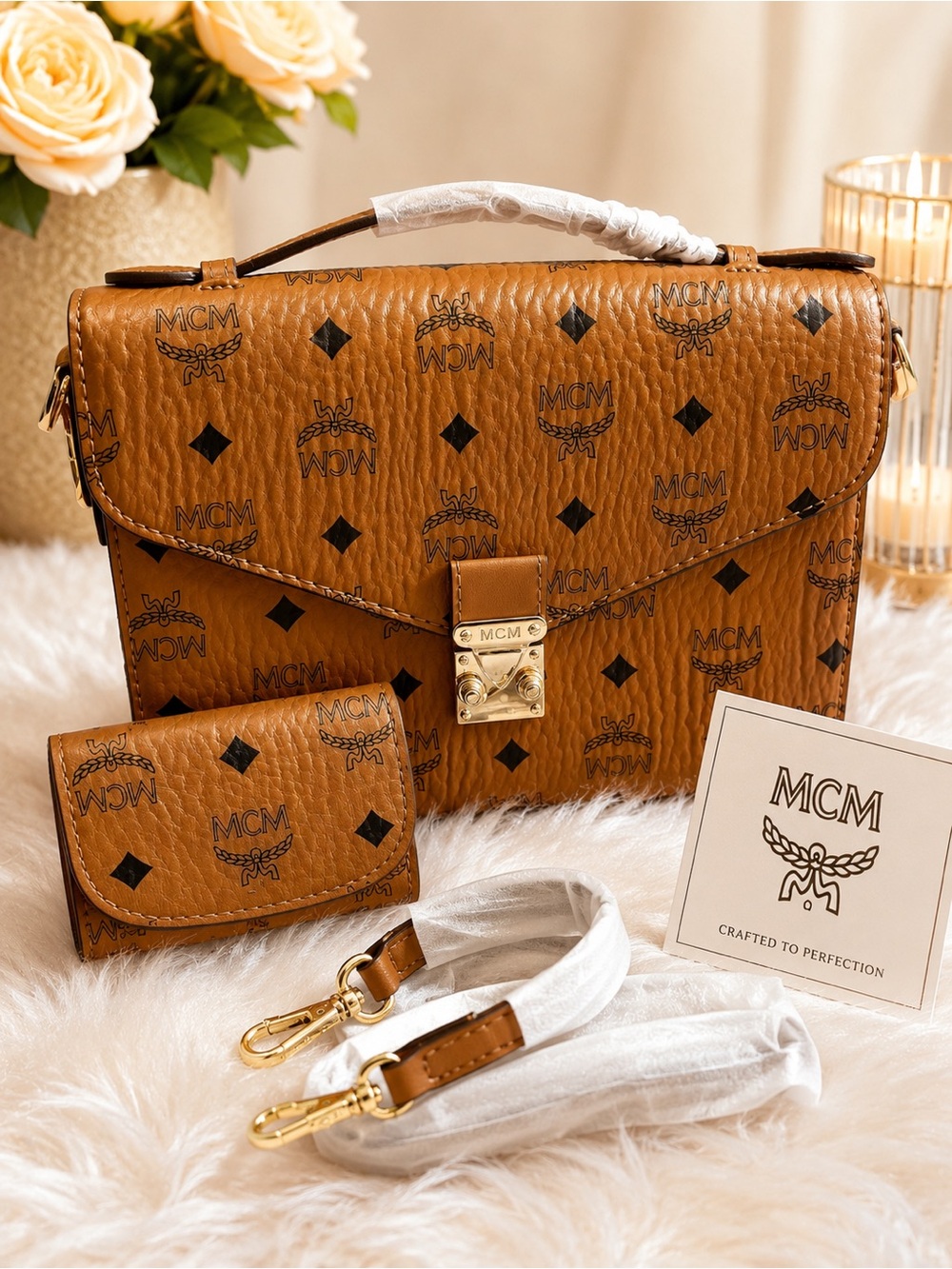 Wallet and bag set Cognac Logo-Print Satchel with Gold Hardwar